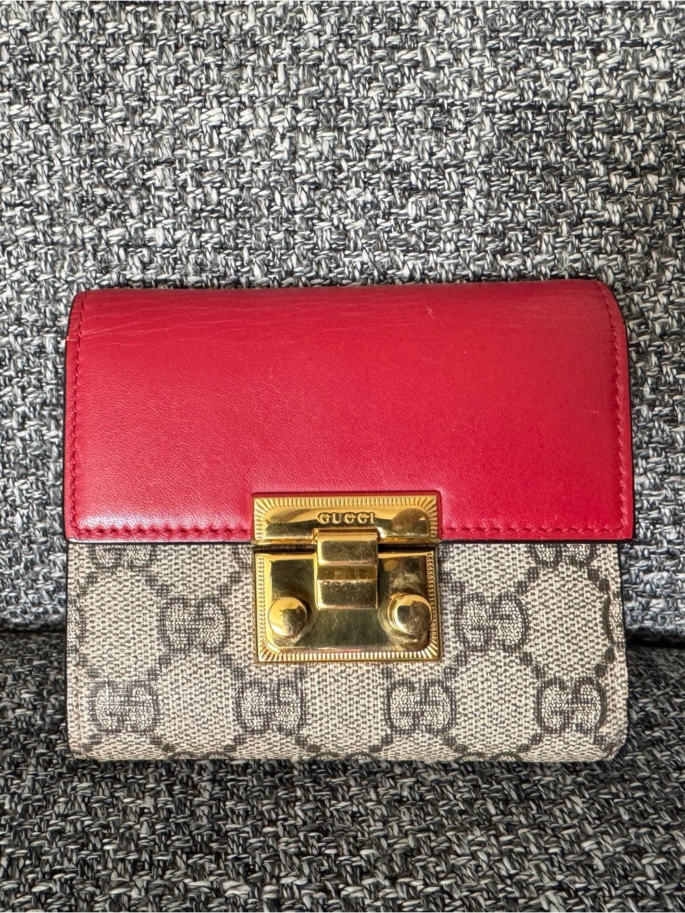 Gucci Red Leather & Beige GG Canvas Wallet with Gold Lock